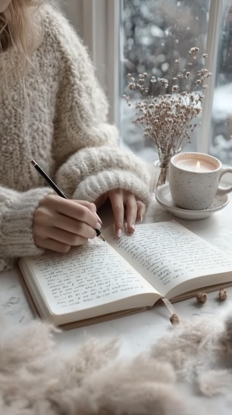 Woman’s Hands Writing on an Open Notebook on a White Desk – Cozy Feminine Blogger Aesthetic (78)