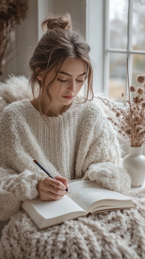 Woman’s Hands Writing on an Open Notebook on a White Desk – Cozy Feminine Blogger Aesthetic (97)