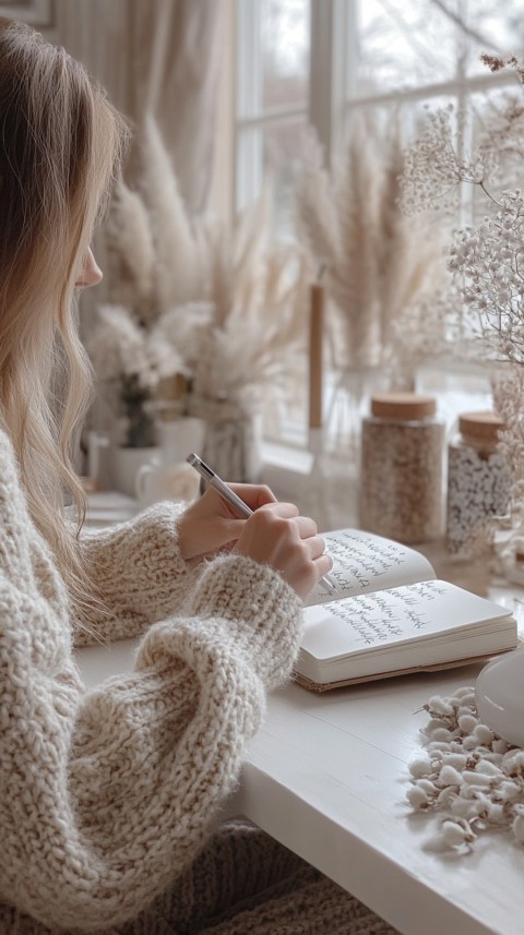 Woman’s Hands Writing on an Open Notebook on a White Desk – Cozy Feminine Blogger Aesthetic (79)