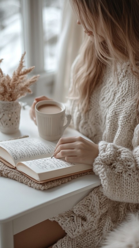 Woman’s Hands Writing on an Open Notebook on a White Desk – Cozy Feminine Blogger Aesthetic (105)