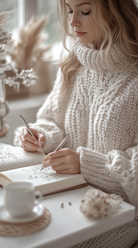 Woman’s Hands Writing on an Open Notebook on a White Desk – Cozy Feminine Blogger Aesthetic (72)