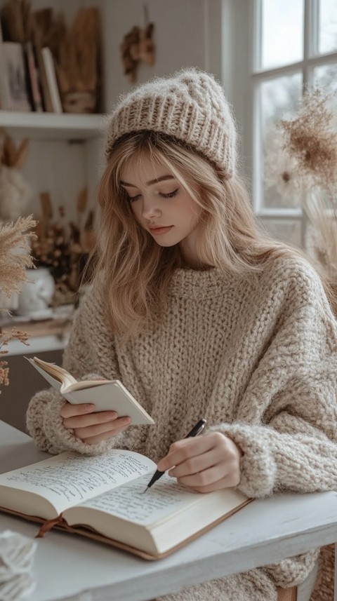 Woman’s Hands Writing on an Open Notebook on a White Desk – Cozy Feminine Blogger Aesthetic (106)