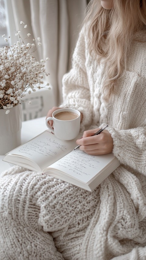 Woman’s Hands Writing on an Open Notebook on a White Desk – Cozy Feminine Blogger Aesthetic (104)