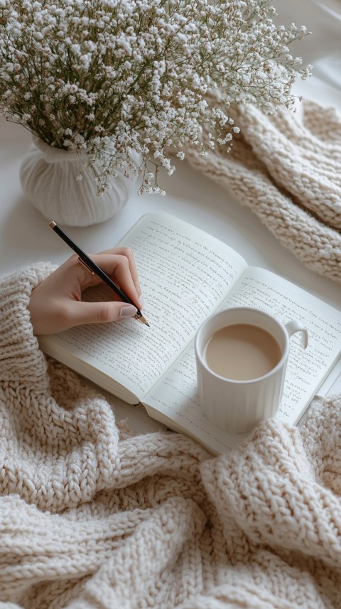 Woman’s Hands Writing on an Open Notebook on a White Desk – Cozy Feminine Blogger Aesthetic (113)