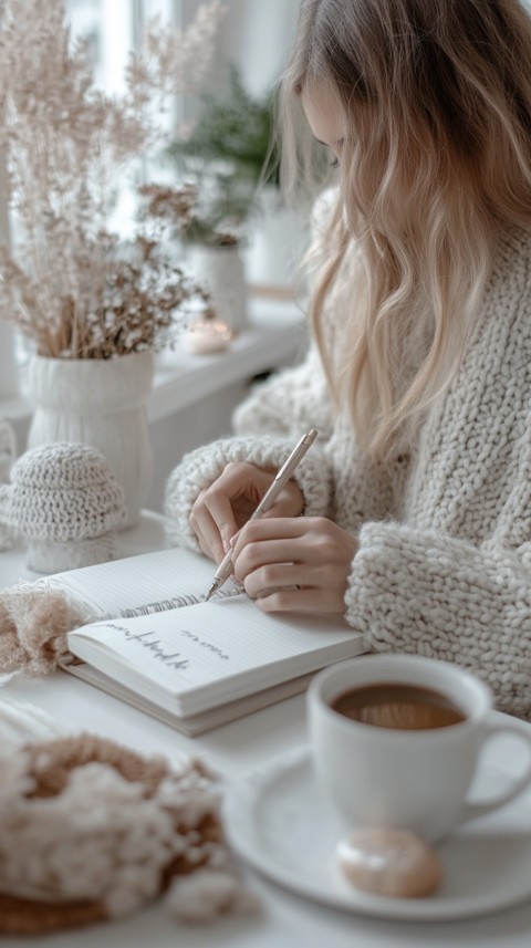 Woman’s Hands Writing on an Open Notebook on a White Desk – Cozy Feminine Blogger Aesthetic (144)