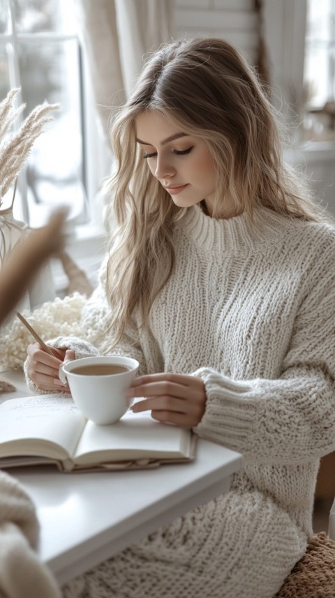 Woman’s Hands Writing on an Open Notebook on a White Desk – Cozy Feminine Blogger Aesthetic (127)