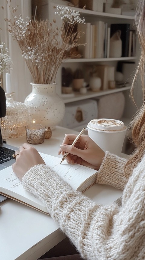 Woman’s Hands Writing on an Open Notebook on a White Desk – Cozy Feminine Blogger Aesthetic (129)