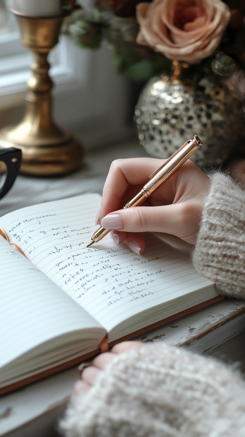 Woman’s Hands Writing on an Open Notebook on a White Desk – Cozy Feminine Blogger Aesthetic (155)