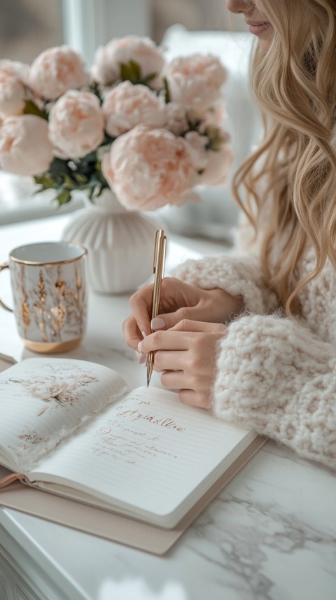 Woman’s Hands Writing on an Open Notebook on a White Desk – Cozy Feminine Blogger Aesthetic (149)