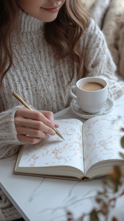 Woman’s Hands Writing on an Open Notebook on a White Desk – Cozy Feminine Blogger Aesthetic (150)