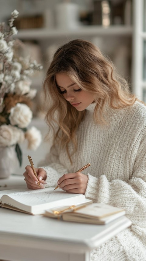 Woman’s Hands Writing on an Open Notebook on a White Desk – Cozy Feminine Blogger Aesthetic (143)