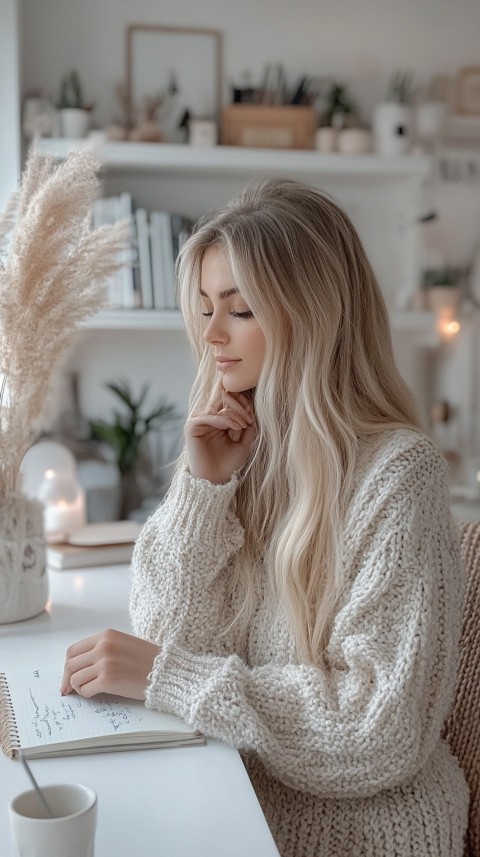 Woman’s Hands Writing on an Open Notebook on a White Desk – Cozy Feminine Blogger Aesthetic (125)