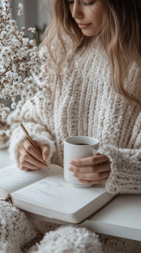 Woman’s Hands Writing on an Open Notebook on a White Desk – Cozy Feminine Blogger Aesthetic (194)