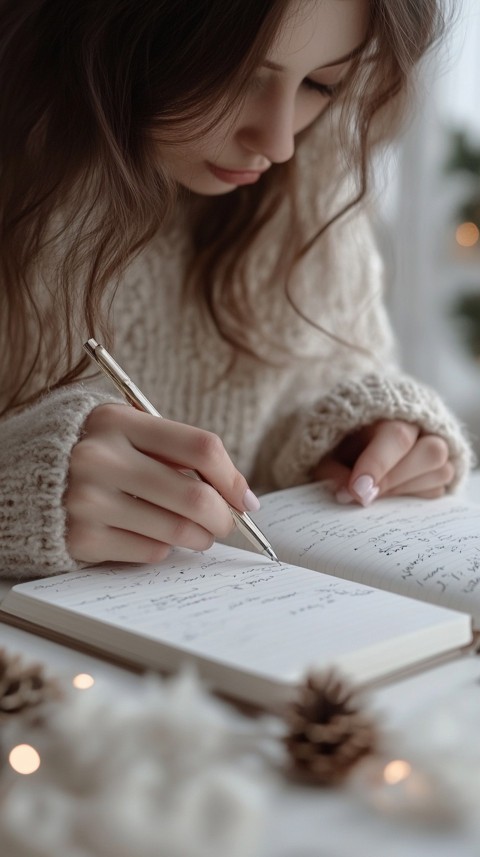 Woman’s Hands Writing on an Open Notebook on a White Desk – Cozy Feminine Blogger Aesthetic (162)