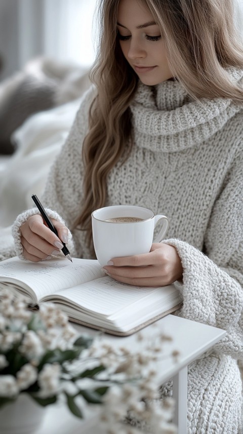 Woman’s Hands Writing on an Open Notebook on a White Desk – Cozy Feminine Blogger Aesthetic (163)