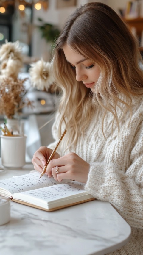 Woman’s Hands Writing on an Open Notebook on a White Desk – Cozy Feminine Blogger Aesthetic (175)