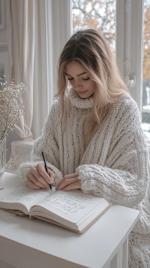 Woman’s Hands Writing on an Open Notebook on a White Desk – Cozy Feminine Blogger Aesthetic (188)