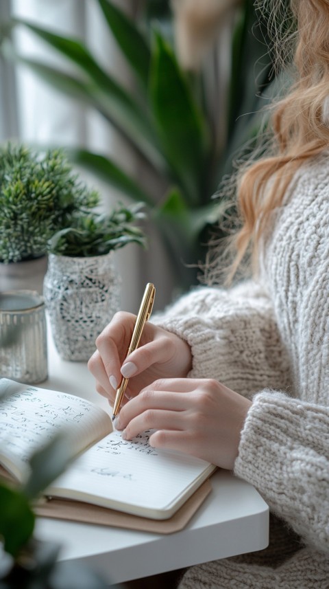 Woman’s Hands Writing on an Open Notebook on a White Desk – Cozy Feminine Blogger Aesthetic (176)