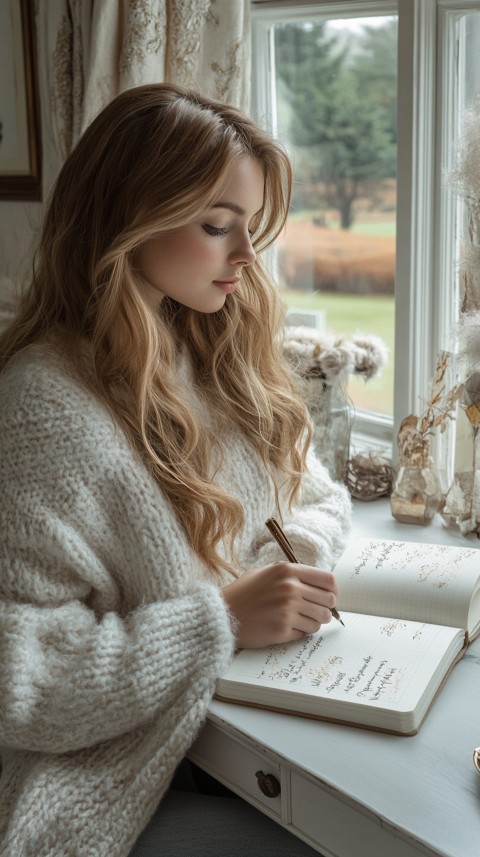 Woman’s Hands Writing on an Open Notebook on a White Desk – Cozy Feminine Blogger Aesthetic (169)