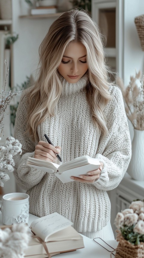 Woman’s Hands Writing on an Open Notebook on a White Desk – Cozy Feminine Blogger Aesthetic (195)