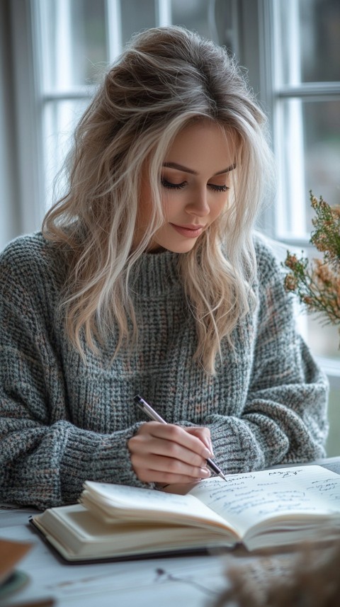 Woman’s Hands Writing on an Open Notebook on a White Desk – Cozy Feminine Blogger Aesthetic (199)