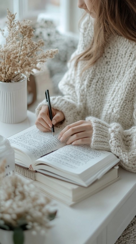 Woman’s Hands Writing on an Open Notebook on a White Desk – Cozy Feminine Blogger Aesthetic (204)