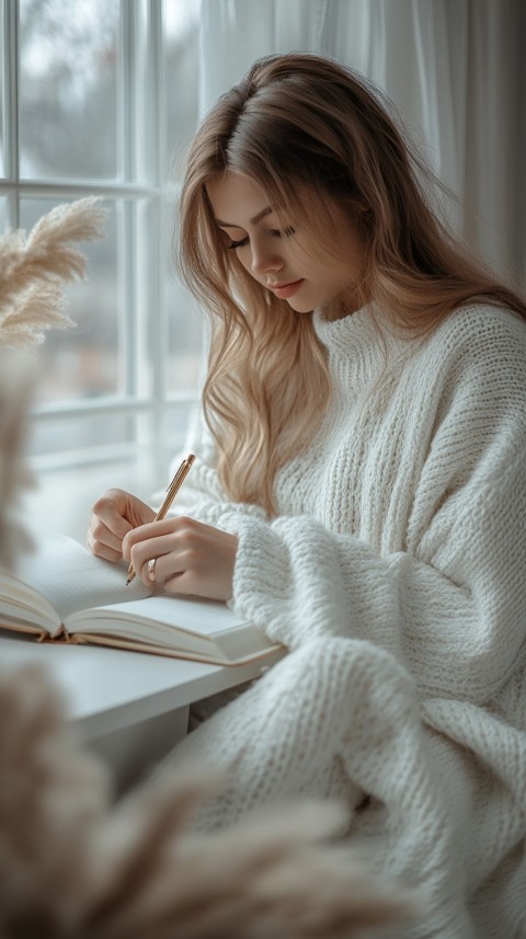 Woman’s Hands Writing on an Open Notebook on a White Desk – Cozy Feminine Blogger Aesthetic (224)