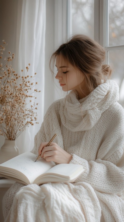 Woman’s Hands Writing on an Open Notebook on a White Desk – Cozy Feminine Blogger Aesthetic (221)