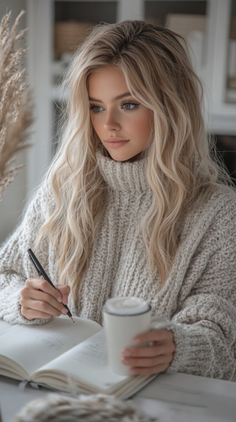 Woman’s Hands Writing on an Open Notebook on a White Desk – Cozy Feminine Blogger Aesthetic (211)