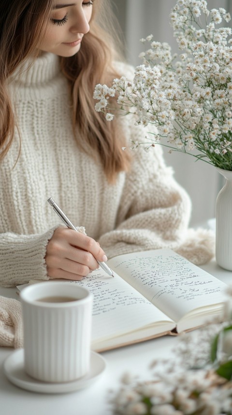 Woman’s Hands Writing on an Open Notebook on a White Desk – Cozy Feminine Blogger Aesthetic (219)