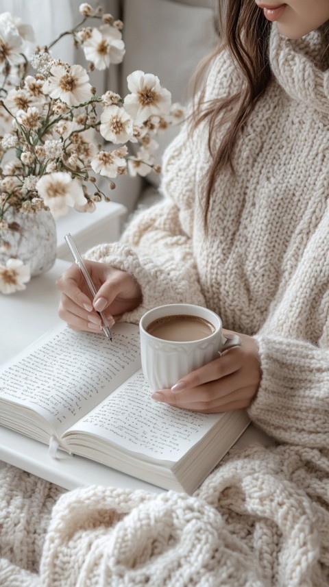 Woman’s Hands Writing on an Open Notebook on a White Desk – Cozy Feminine Blogger Aesthetic (213)