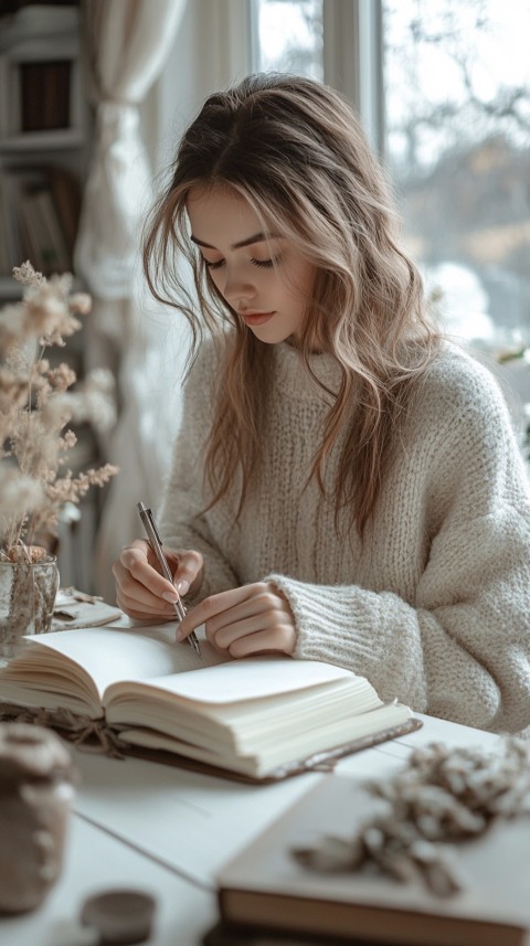 Woman’s Hands Writing on an Open Notebook on a White Desk – Cozy Feminine Blogger Aesthetic (228)