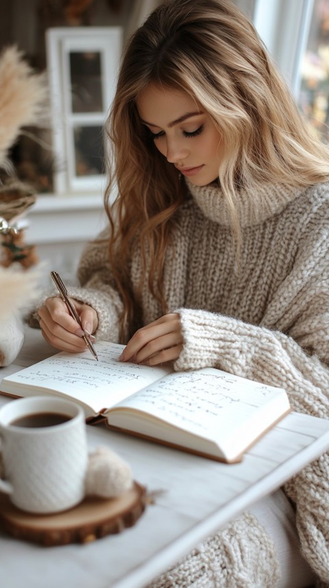 Woman’s Hands Writing on an Open Notebook on a White Desk – Cozy Feminine Blogger Aesthetic (205)