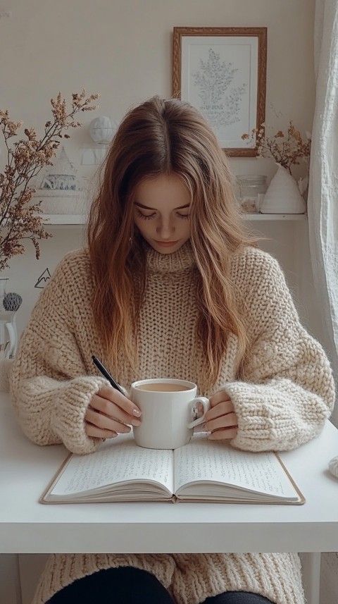 Woman’s Hands Writing on an Open Notebook on a White Desk – Cozy Feminine Blogger Aesthetic (217)