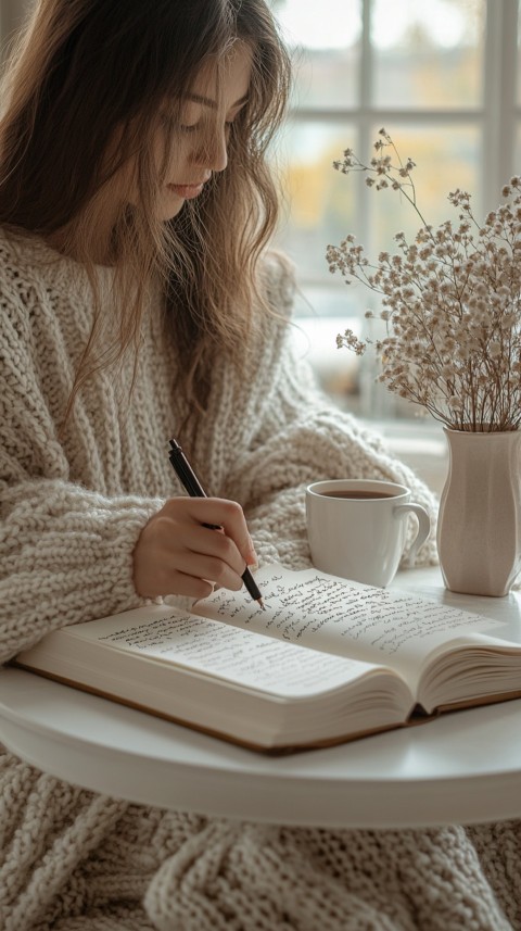 Woman’s Hands Writing on an Open Notebook on a White Desk – Cozy Feminine Blogger Aesthetic (223)