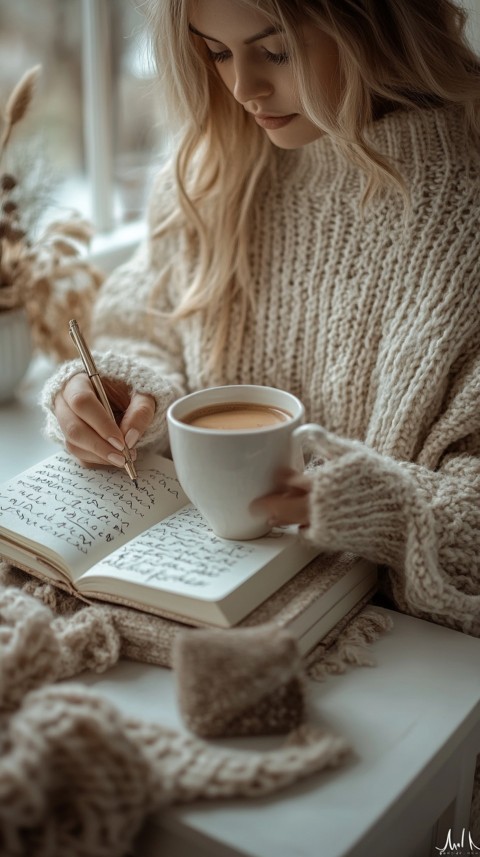 Woman’s Hands Writing on an Open Notebook on a White Desk – Cozy Feminine Blogger Aesthetic (229)