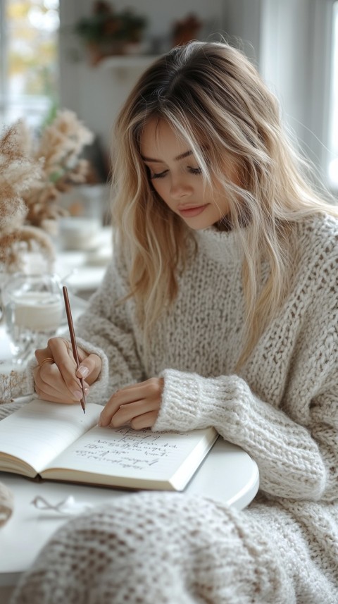 Woman’s Hands Writing on an Open Notebook on a White Desk – Cozy Feminine Blogger Aesthetic (225)