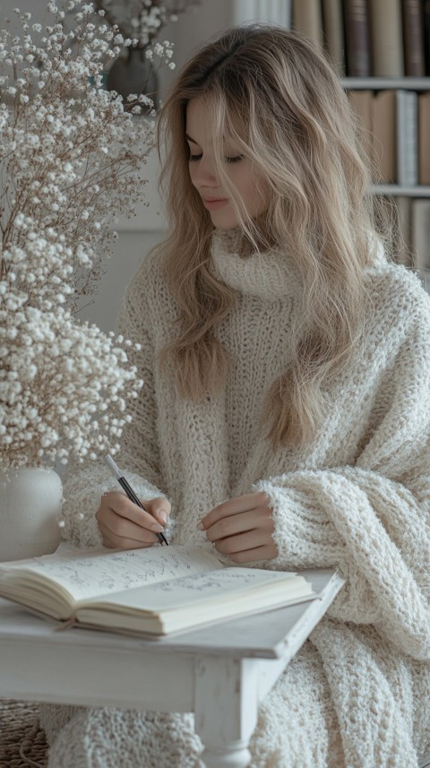 Woman’s Hands Writing on an Open Notebook on a White Desk – Cozy Feminine Blogger Aesthetic (216)