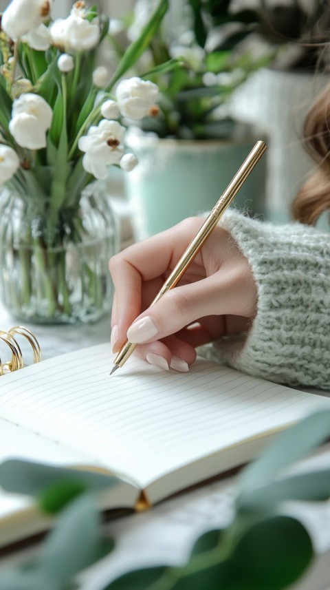 Woman’s Hands Writing on an Open Notebook on a White Desk – Cozy Feminine Blogger Aesthetic (267)