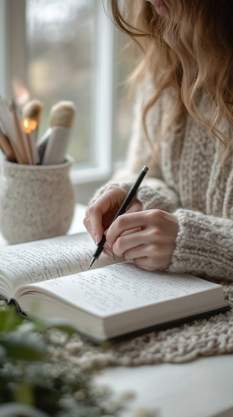 Woman’s Hands Writing on an Open Notebook on a White Desk – Cozy Feminine Blogger Aesthetic (290)