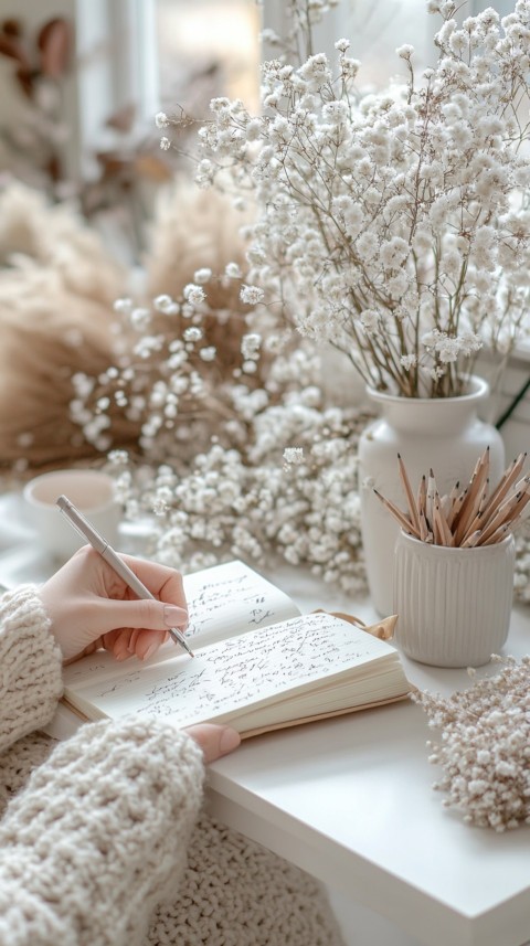 Woman’s Hands Writing on an Open Notebook on a White Desk – Cozy Feminine Blogger Aesthetic (284)