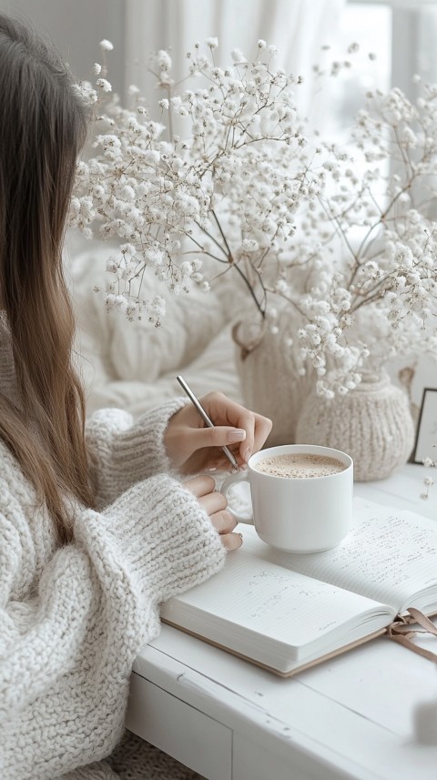 Woman’s Hands Writing on an Open Notebook on a White Desk – Cozy Feminine Blogger Aesthetic (265)