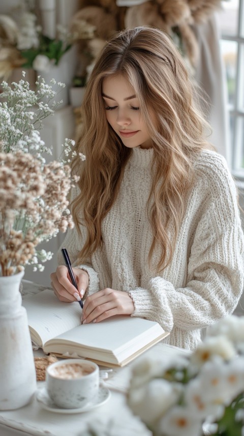 Woman’s Hands Writing on an Open Notebook on a White Desk – Cozy Feminine Blogger Aesthetic (255)