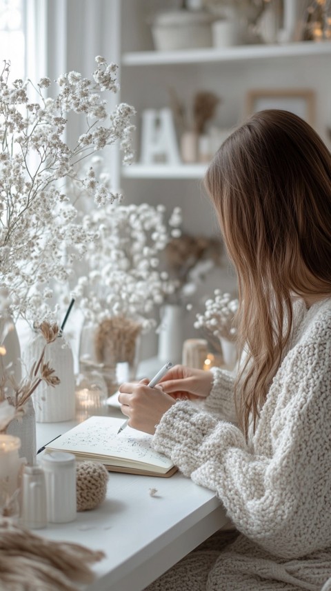 Woman’s Hands Writing on an Open Notebook on a White Desk – Cozy Feminine Blogger Aesthetic (286)