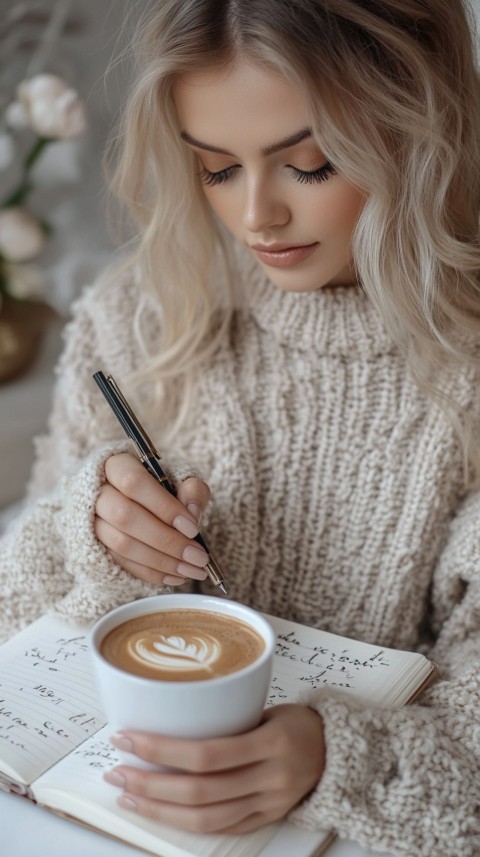 Woman’s Hands Writing on an Open Notebook on a White Desk – Cozy Feminine Blogger Aesthetic (261)