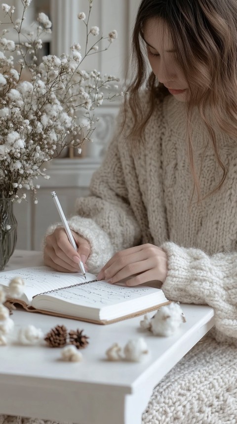 Woman’s Hands Writing on an Open Notebook on a White Desk – Cozy Feminine Blogger Aesthetic (275)