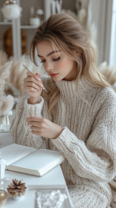 Woman’s Hands Writing on an Open Notebook on a White Desk – Cozy Feminine Blogger Aesthetic (232)