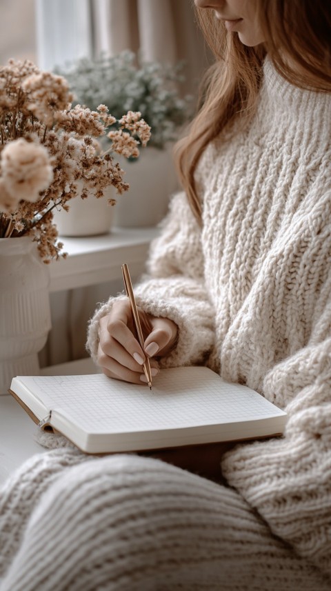 Woman’s Hands Writing on an Open Notebook on a White Desk – Cozy Feminine Blogger Aesthetic (245)