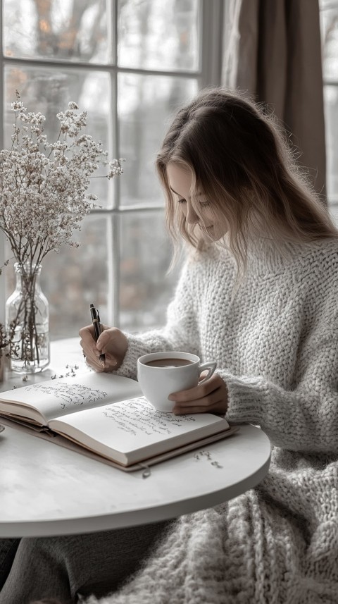 Woman’s Hands Writing on an Open Notebook on a White Desk – Cozy Feminine Blogger Aesthetic (237)