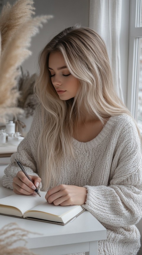 Woman’s Hands Writing on an Open Notebook on a White Desk – Cozy Feminine Blogger Aesthetic (259)